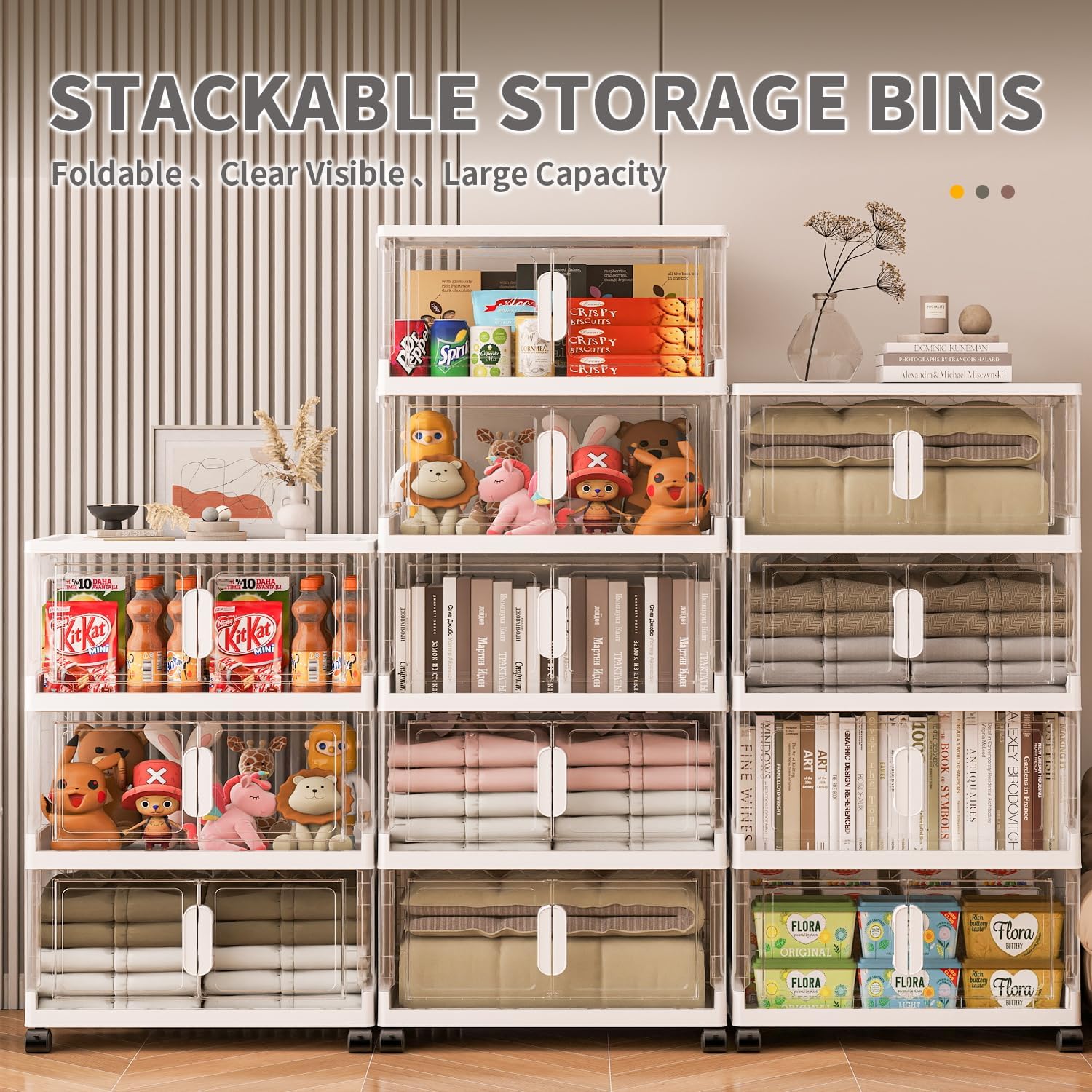 Clear Storage Bins with Lid, Collapsible Storage Bin with Wheels, 5 Packs Plastic Storage Bins, Closet Organizers and Storaging, Open Front Stackable Storage Bins for Closet Clothes